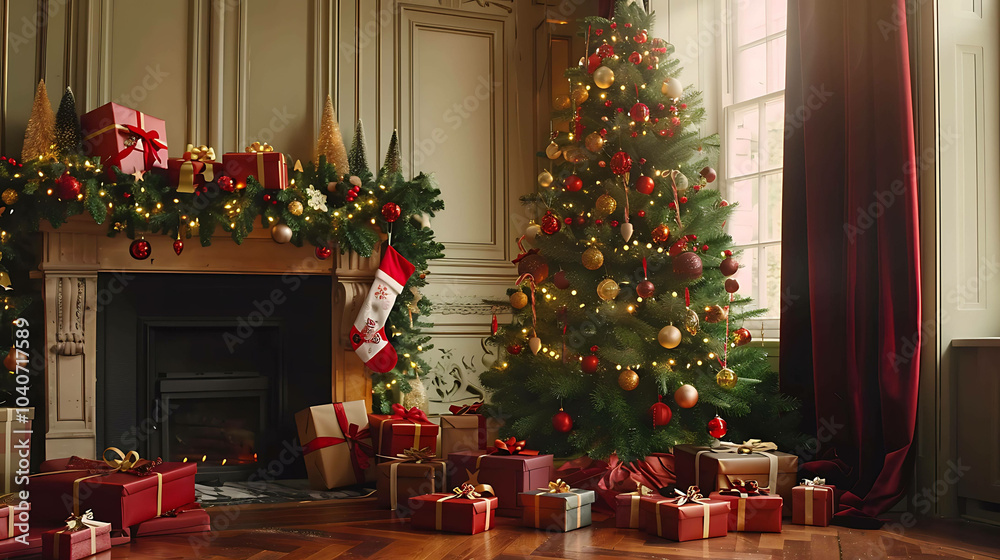 This is a beautiful image of a Christmas tree in a living room. This is a beautiful image of a Christmas tree in a living room.