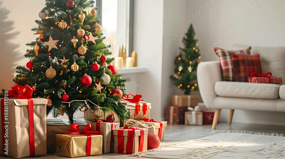 A beautifully decorated Christmas tree stands in a living room, surrounded by wrapped presents. A beautifully decorated Christmas tree stands in a living room, surrounded by wrapped presents.