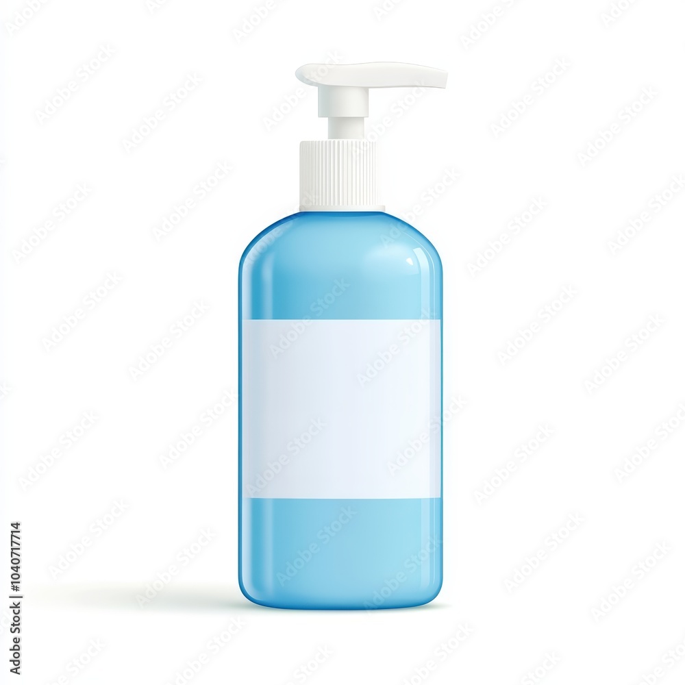 Blue pump bottle for liquid products, white label for branding, isolated background. Blue pump bottle for liquid products, white label for branding, isolated background.