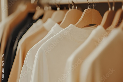 Organized minimalist closet featuring neatly arranged clothing in soft tones photo