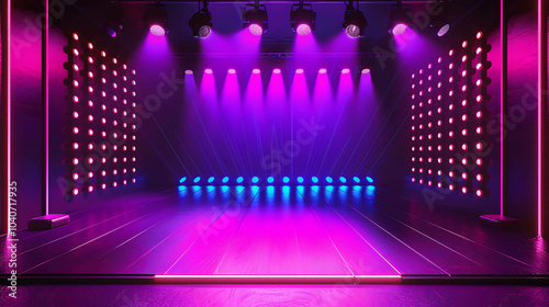 A stage with a glowing pink and purple background. There are spotlights on the stage. The stage is empty.