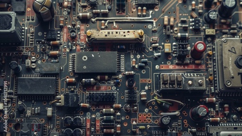 Close-up of a circuit board with intricate wiring and components. The image highlights the complexity and beauty of technology. photo