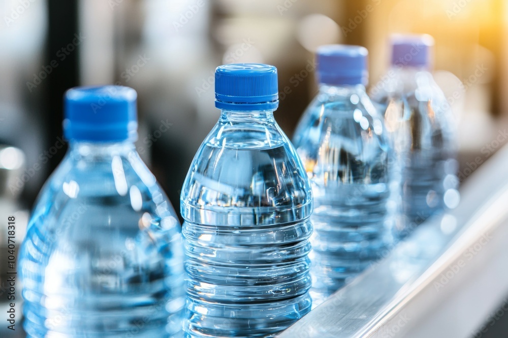 Four bottles of water are lined up on a conveyor belt Four bottles of water are lined up on a conveyor belt
