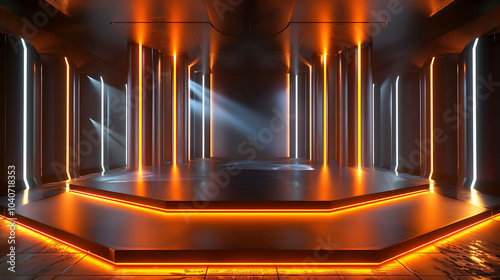 3D rendering of an empty stage with glowing orange lights. The stage is made of dark metal and has a reflective floor.