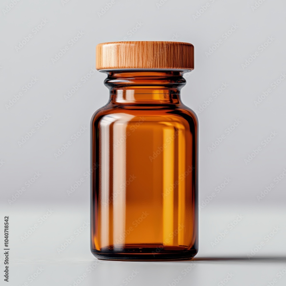 Amber glass jar with wooden lid, ideal for storage or packaging. Amber glass jar with wooden lid, ideal for storage or packaging.