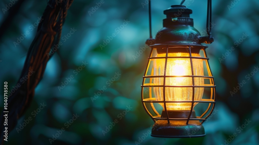 A lantern hangs from a tree branch, its warm glow illuminating the surrounding greenery. A lantern hangs from a tree branch, its warm glow illuminating the surrounding greenery.
