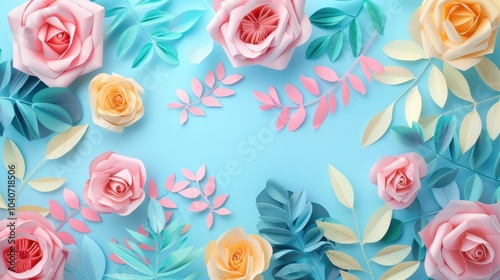 Paper flowers arrangement in soft pastel colors on a light blue background, featuring intricate detailing and a variety of shapes Ideal for spring themes and creative projects