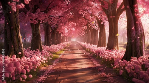 A path lined with cherry blossom trees in full bloom, creating a pink tunnel of flowers that stretches into the distance