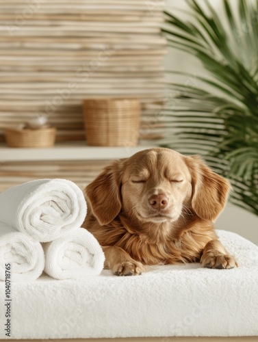 A relaxed dog lies peacefully on a soft surface beside neatly rolled towels, surrounded by a calming, natural environment.