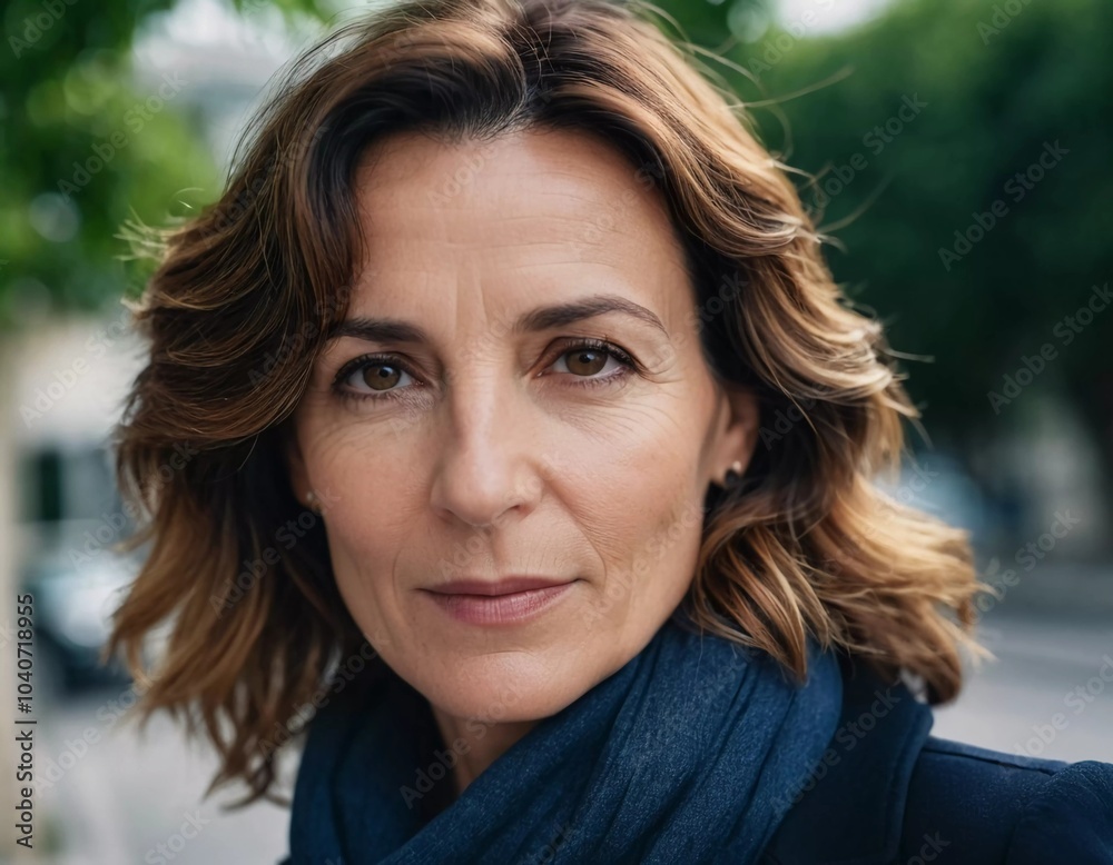 A Caucasian brunette French woman 50 - 60 years old with medium length hair up to shoulders stands in a quaint French street. The scenery embodies a serene and joyful atmosphere. Generative AI A Caucasian brunette French woman 50 - 60 years old with medium length hair up to shoulders stands in a quaint French street. The scenery embodies a serene and joyful atmosphere. Generative AI
