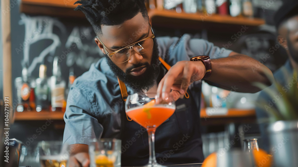Bearded mixologist carefully adding orange twist to cocktail in dimly lit bar. Bearded mixologist carefully adding orange twist to cocktail in dimly lit bar.