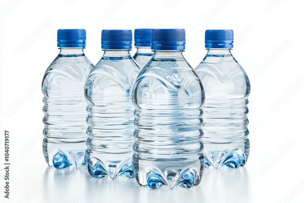A row of five water bottles with blue caps A row of five water bottles with blue caps