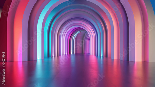 3D rendering of a long futuristic hallway with arches.