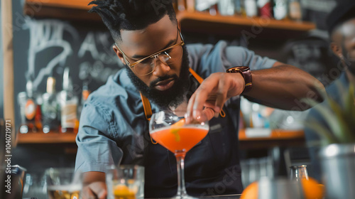 Bearded mixologist carefully adding orange twist to cocktail in dimly lit bar.