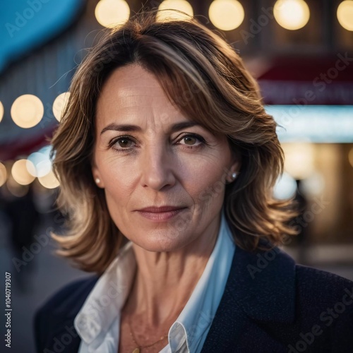 A Caucasian brunette French woman 50 - 60 years old with medium length hair up to shoulders stands in a quaint French street. The scenery embodies a serene and joyful atmosphere. Generative AI photo