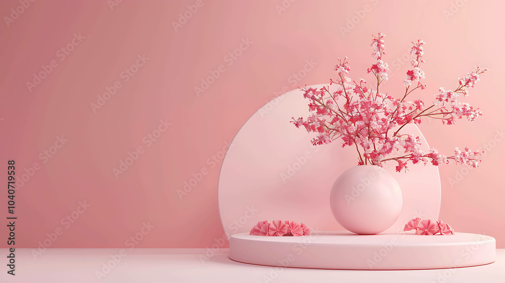 3D rendering of a pink podium with a pink vase of cherry blossoms on a pink background. 3D rendering of a pink podium with a pink vase of cherry blossoms on a pink background.
