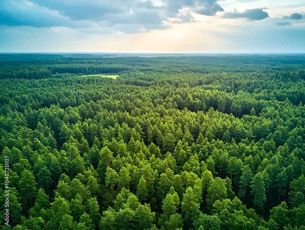 Fototapeta premium Lush green forest stretching to the horizon, bathed in soft, serene sunlight under a partly cloudy sky, creating a peaceful and tranquil natural landscape.