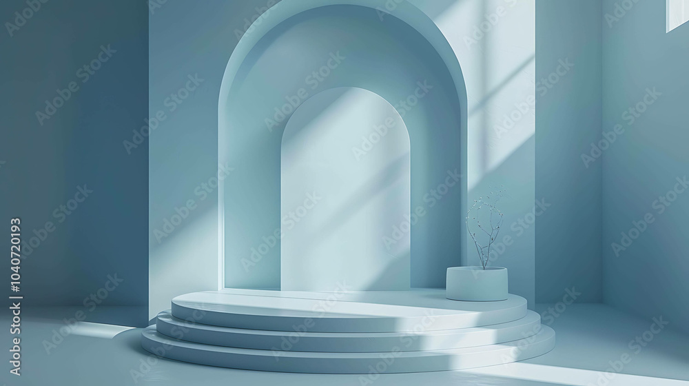 This is a 3D rendering of a simple and elegant product display stage. The stage is made of two levels and has a soft, curved design. This is a 3D rendering of a simple and elegant product display stage. The stage is made of two levels and has a soft, curved design.