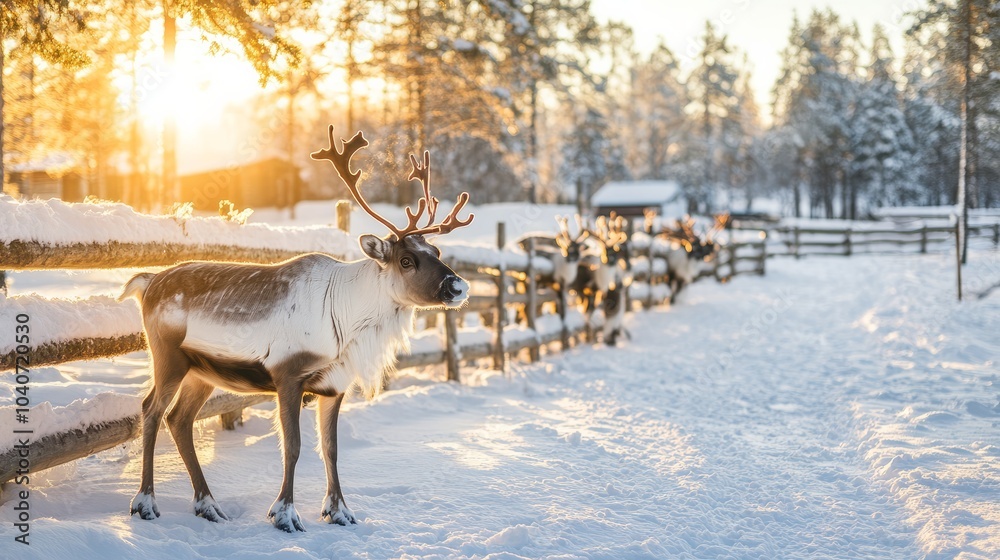 Winter day with a herd of reindeer on a farm in Lapland, Finland Winter day with a herd of reindeer on a farm in Lapland, Finland