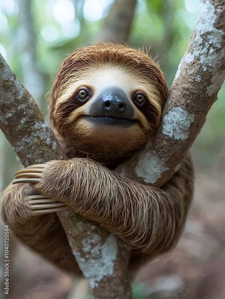 A curious sloth clings to a tree in a lush forest setting, showcasing its adorable expression and shaggy fur. A curious sloth clings to a tree in a lush forest setting, showcasing its adorable expression and shaggy fur.