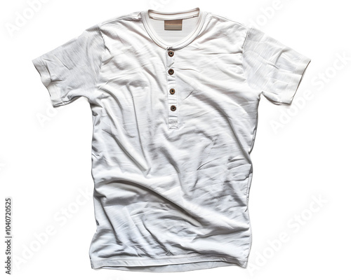 This stylish white t-shirt features a classic henley design with buttons, perfect for casual wear or layering. photo