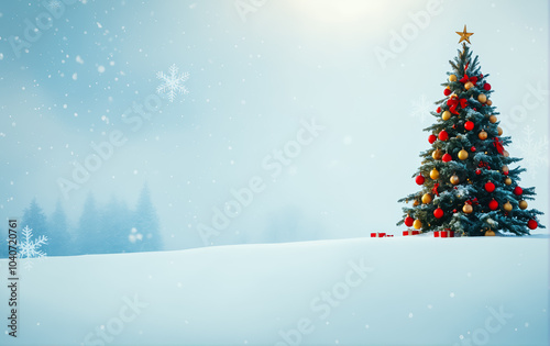 New Year's card: Christmas tree decorated with beautiful balls and garland in snowdrifts. Celebrating the New Year.