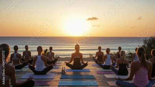 A dynamic image of a fitness instructor leading a yoga session on a beach at sunrise, with serene ocean views and participants in yoga poses, Serene style