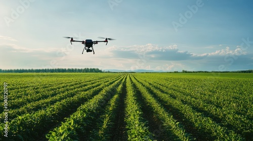 Smart farming drone flying over a large field monitoring crops with advanced sensors