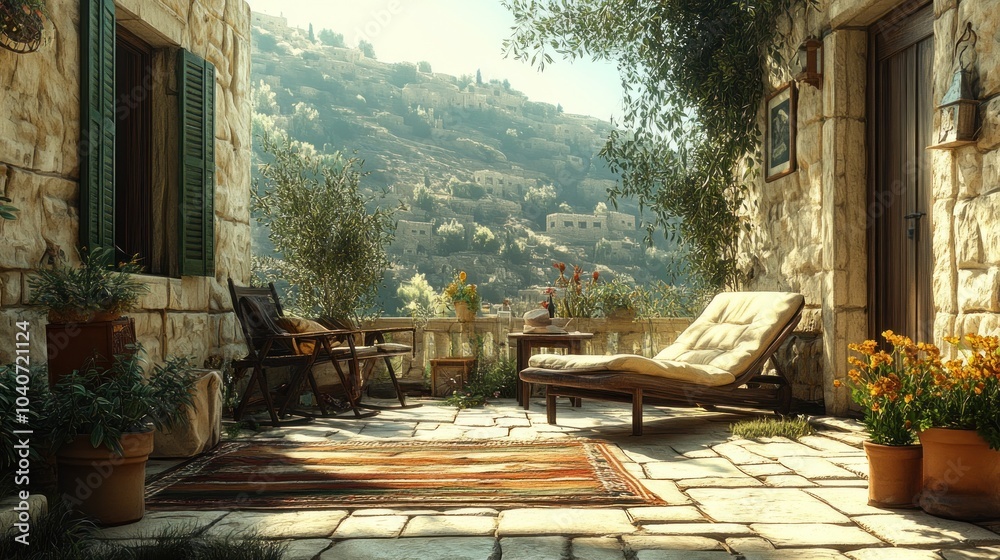 Obraz premium Cozy outdoor space with loungers and scenic view.