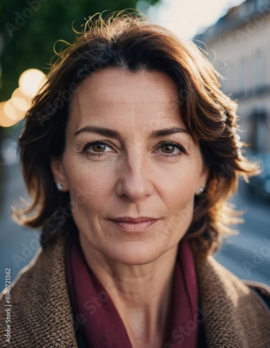 A Caucasian brunette French woman 50 - 60 years old with medium length hair up to shoulders stands in a quaint French street. The scenery embodies a serene and joyful atmosphere. Generative AI photo