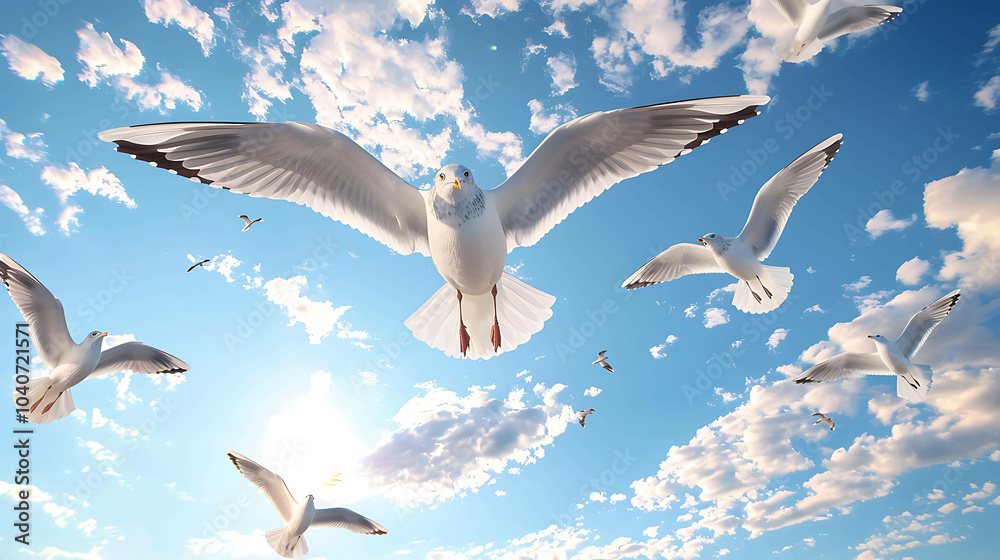 Obraz premium A flock of seagulls is flying in the sky. The seagulls are white with black wingtips. The sky is blue and there are white clouds. The sun is shining.