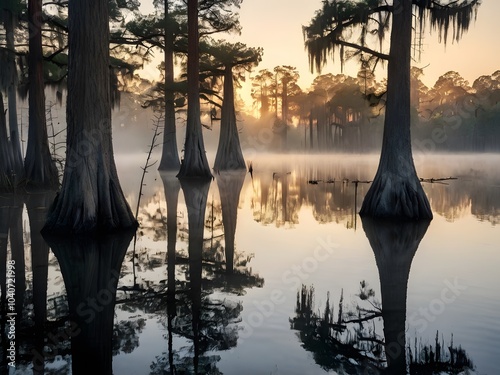 Cypress Trees Reflected in a Misty Lake at Sunrise
