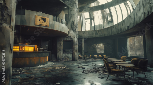 Abandoned futuristic building with a damaged interior, decayed furniture, and a glowing bar counter under a dome skylight photo