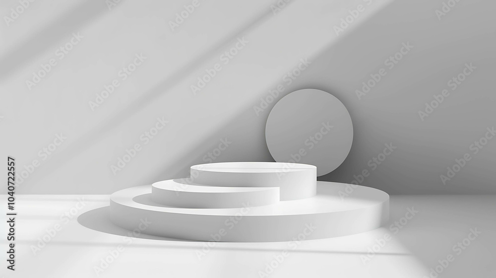 Obraz premium 3D rendering of a white podium with a circular backdrop. The podium is made up of three steps, each with a different height.