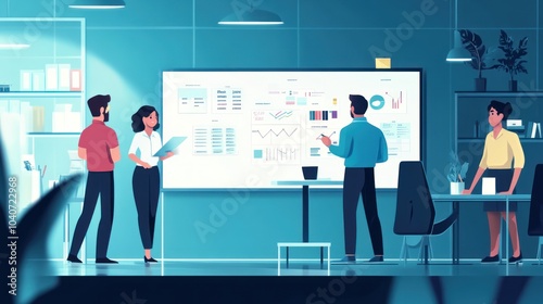 A team of four diverse professionals are gathered around a whiteboard in a modern office, discussing data and strategies. They are engaged in a productive meeting, collaborating on a project.