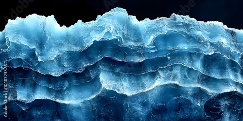 Close-up of vibrant blue ice layers resembling ocean waves against a dark background.