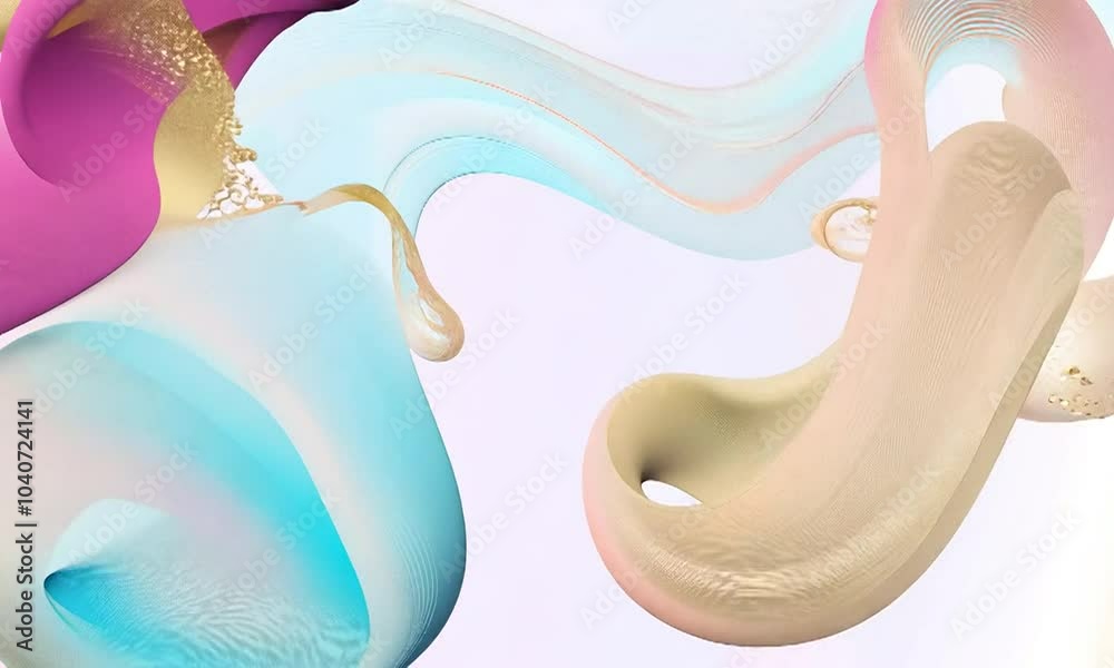 A colorful abstract animation of flowing, liquid shapes. The shapes are soft and organic, moving gracefully in a vibrant palette of pink, blue, and gold.