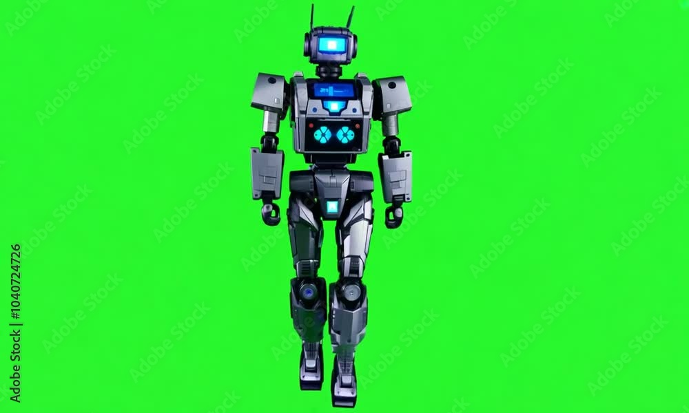 A robot with a futuristic design walks forward against a green screen. It has glowing blue lights and a sleek, silver body. A robot with a futuristic design walks forward against a green screen. It has glowing blue lights and a sleek, silver body.