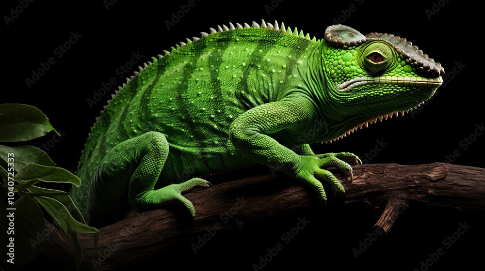Vibrant green lizard resting on a branch in a dark environment showcasing its detailed scales Vibrant green lizard resting on a branch in a dark environment showcasing its detailed scales