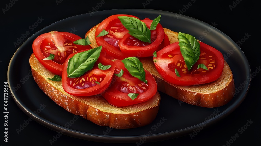 Appetizing bruschetta with tomatoes and basil on a dark background. Dark plate with italian foods. Ultra realistic. Photorealistic Appetizing bruschetta with tomatoes and basil on a dark background. Dark plate with italian foods. Ultra realistic. Photorealistic