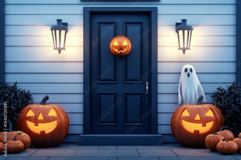 Obraz premium A door with a ghost on it and three pumpkins on the porch