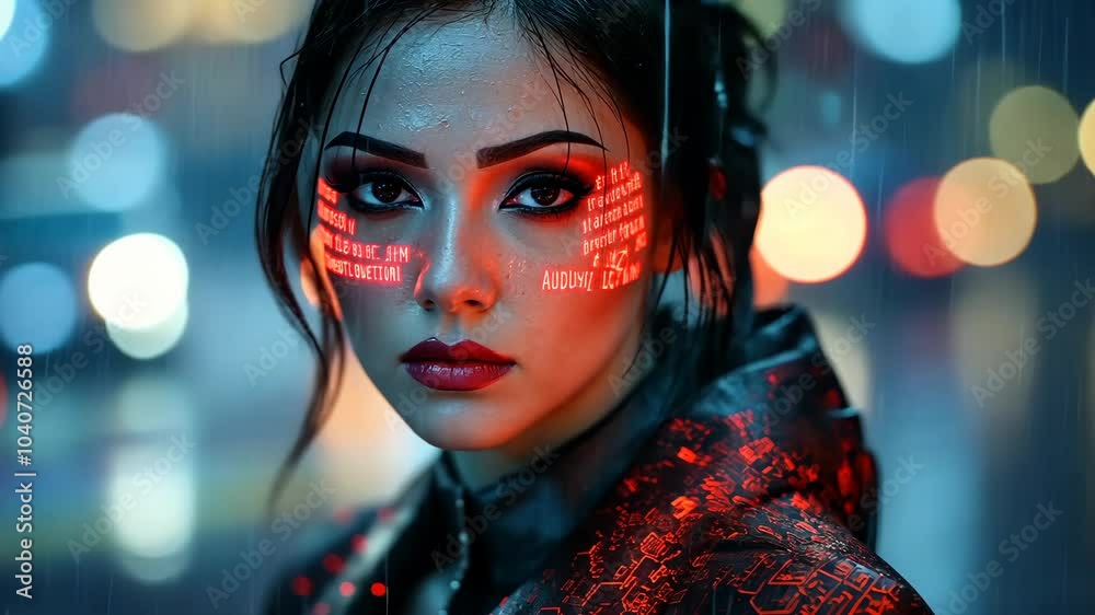 A woman with red code on her face looks intensely at the camera in a rainy, neon-lit city A woman with red code on her face looks intensely at the camera in a rainy, neon-lit city