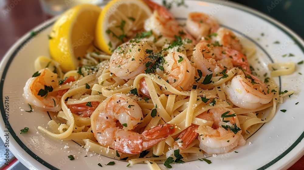 A plate of shrimp scampi with garlic, lemon, and parsley, served over a bed of linguine A plate of shrimp scampi with garlic, lemon, and parsley, served over a bed of linguine
