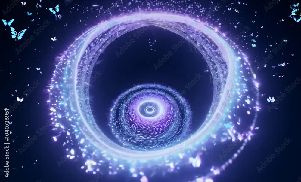 A glowing purple ring with sparkling particles and butterflies, appearing like a portal or a mystical gateway. The ring spins and the butterflies dance around it, creating a magical and ethe A glowing purple ring with sparkling particles and butterflies, appearing like a portal or a mystical gateway. The ring spins and the butterflies dance around it, creating a magical and ethe