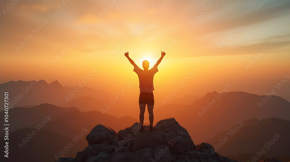 Silhouette standing on the top of the mountain and raising his hands up at sunset. Silhouette standing on the top of the mountain and raising his hands up at sunset.