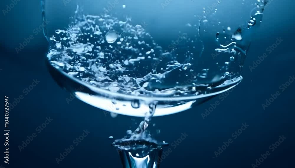 A close-up shot of a glass of water being filled with water. The water creates a large splash as it fills the glass.