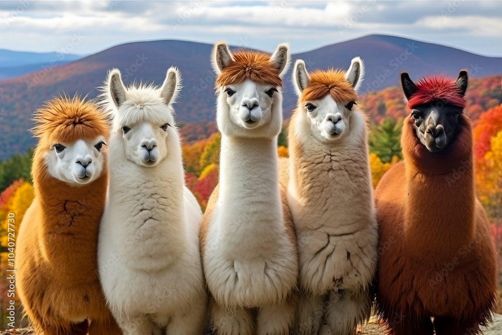 Five colorful llamas standing together against a backdrop of autumn foliage in a serene landscape Five colorful llamas standing together against a backdrop of autumn foliage in a serene landscape