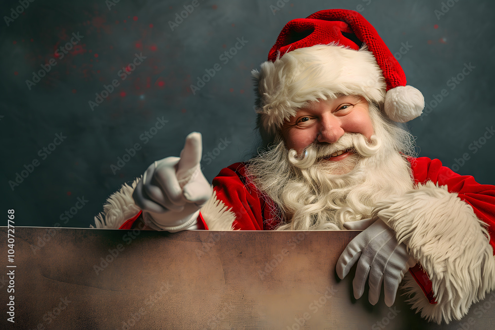 Naklejka premium Christmas advertising. Santa claus points pinger towards empty space. High quality photo