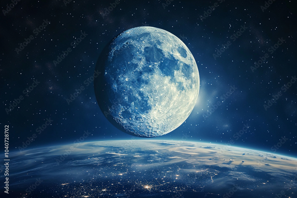 Blue moon in space. space photography of celestial body for scientific presentations, astronomy study. Banner with place for text Blue moon in space. space photography of celestial body for scientific presentations, astronomy study. Banner with place for text