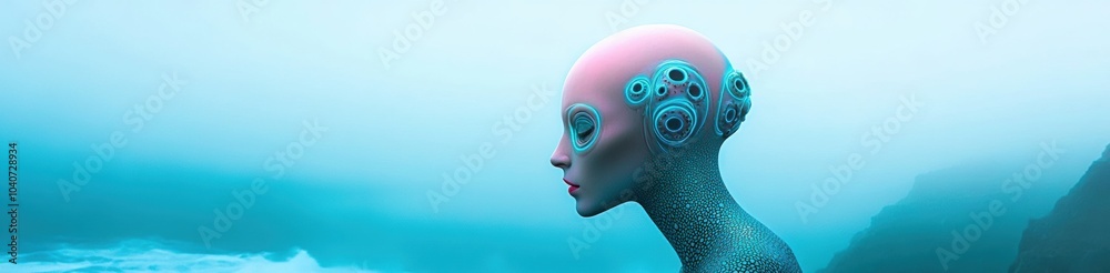 Futuristic humanoid with intricate designs gazes over a misty ocean landscape, AI Futuristic humanoid with intricate designs gazes over a misty ocean landscape, AI